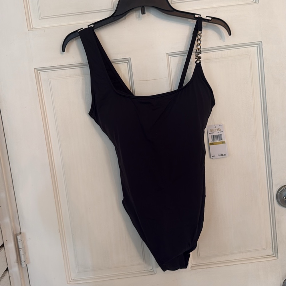 NWT Michael Kors Signature Solid Logo Chain Scoop Neck Swimsuit, Black sz 14 - Picture 5 of 10